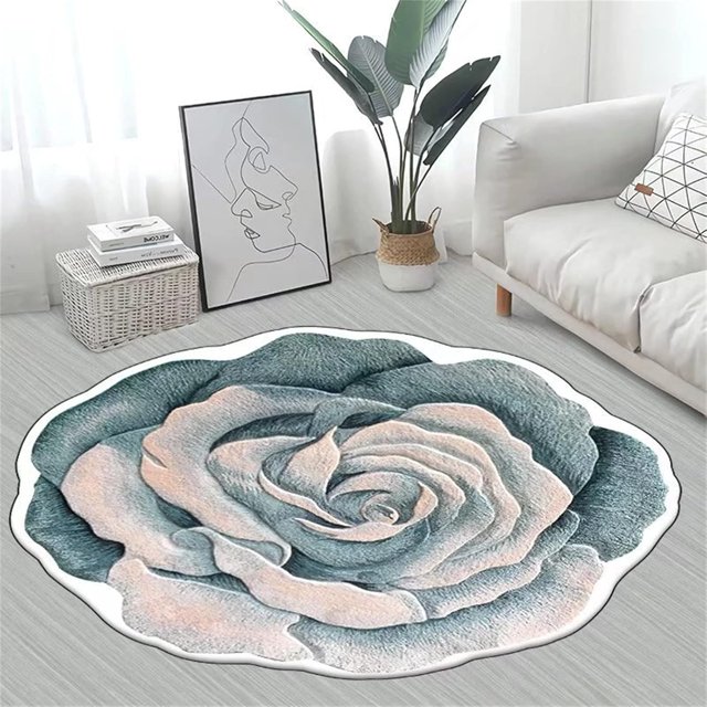 Floral Area Rugs Peony Flower Shape Area Rugs Non-Slip Rugs Floral Shaggy Carpet Bath Mat for Bedroom, Dorm, Luxury Room Decor, Blue, 2.6'x2.6'