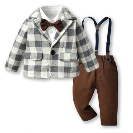 

nsendm Clothes for Boys Toddler Boy Clothes 3Pcs Baby Boy Clothes Baby Plaid Shirt Suspender Pants Coat Set Baby Boy 4 Piece Childrenscostume Grey 2-3 Years