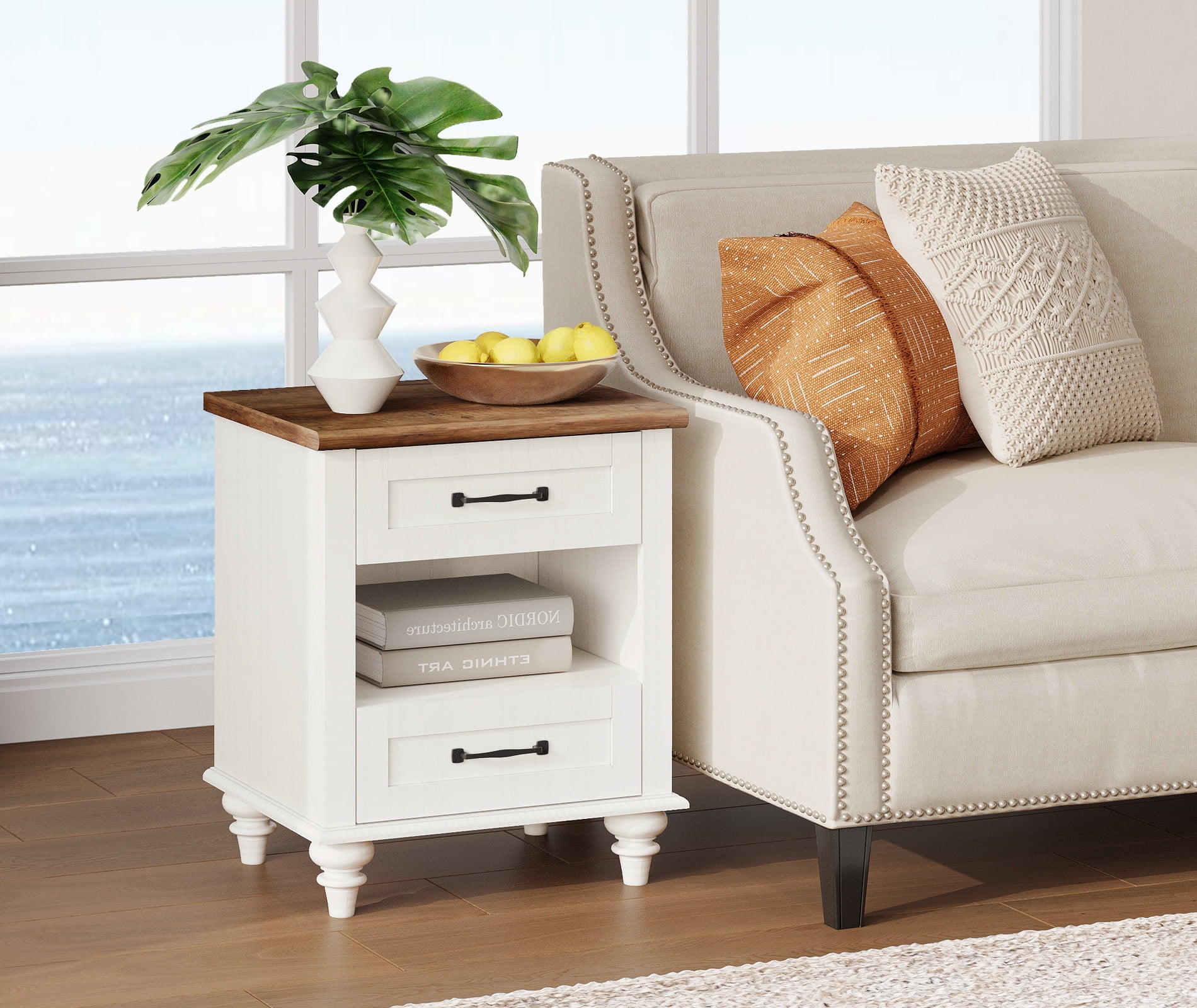 FITUEYES Nightstand with Charging Station & 2 Drawers, Set of 2, White