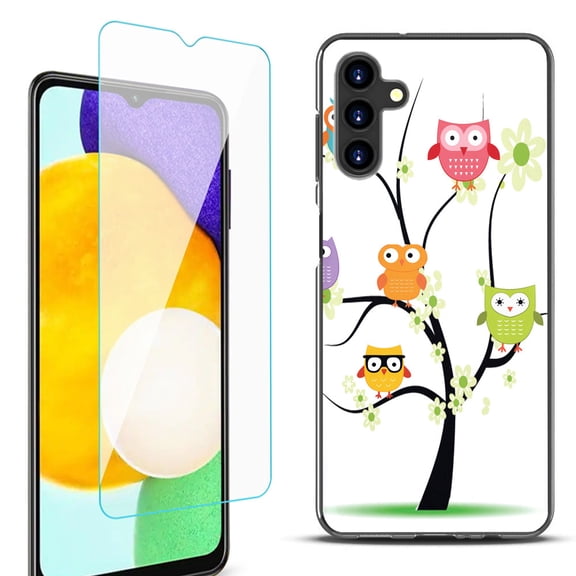 Slim-Fit Protective Fashion Phone Case (Black) for Samsung Galaxy A13 5G, with Tempered Glass Screen Protector, by OneToughShield ® - Tree Owl