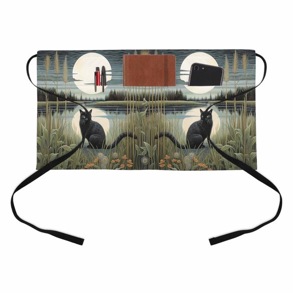 Black Cat Kitchen Restaurant Half Waist Apron, Moon Forest and River Server Short Apron with 3 Pockets Waterproof Oil Waist Aprons for Women Waitress Waiter