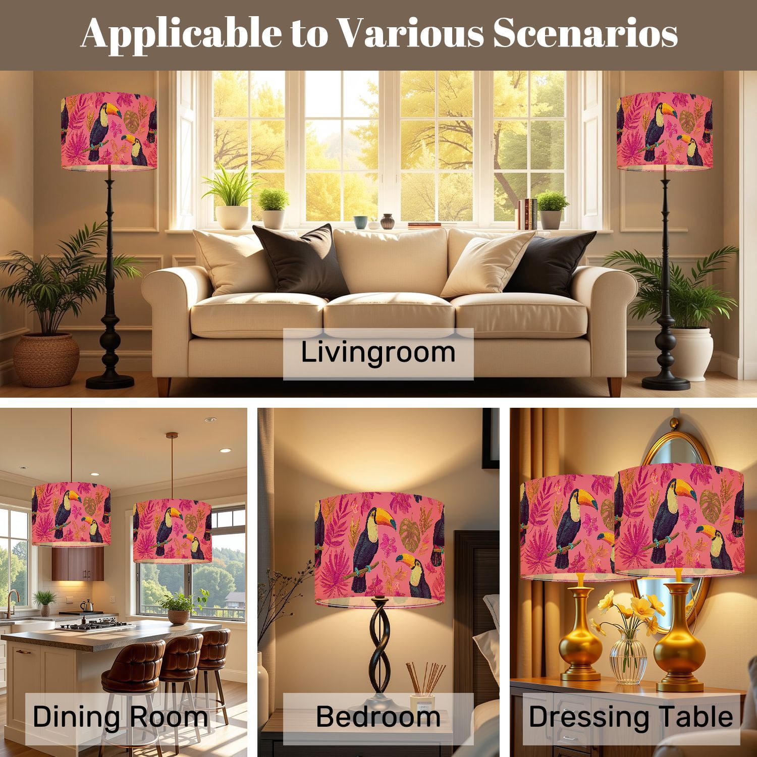 Lampshades 2 Pack Tropical Toucan Floral Pink 13"x13"x10" Light Shade for Table Lamps Floor Lamp Shades Lampshade Replacement Easy Assembly