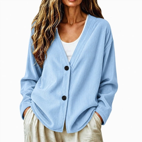 GEWSEY Women Corduroy Button Down Shacket Jacket V Neck Long Sleeve Casual Oversized Lightweight Cardigan Coat with Pockets (Sky Blue, L)