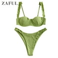 thumbnail image 3 of ZAFUL Women Swimwear Ribbed Frilled Underwire Bikini Swimsuit Light Green L, 3 of 7