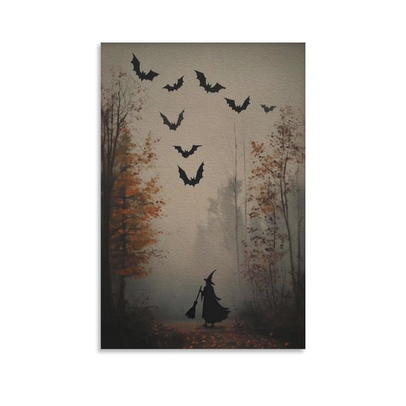 Gothic Halloween Wall Art. Scary Witch Canvas Print. Dark Rustic Decor. Spooky Forest Witch Bat Poster. Wall Art Poster Scroll Canvas Painting Picture Living Room Decor Home 20x30inch(50x75cm)