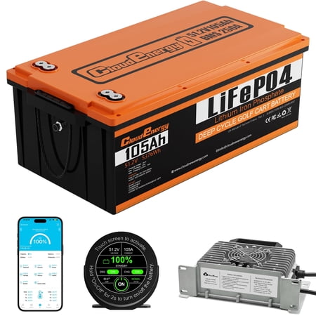 48V(51.2V) 105AH LiFePO4 Lithium Golf Cart Battery Built-in 250A BMS,3C Discharge,with 20A Charger,Mobile APP,Touch Monitor,6000+ Cycles,Perfect for Golf Carts (GFA48V-105AH)