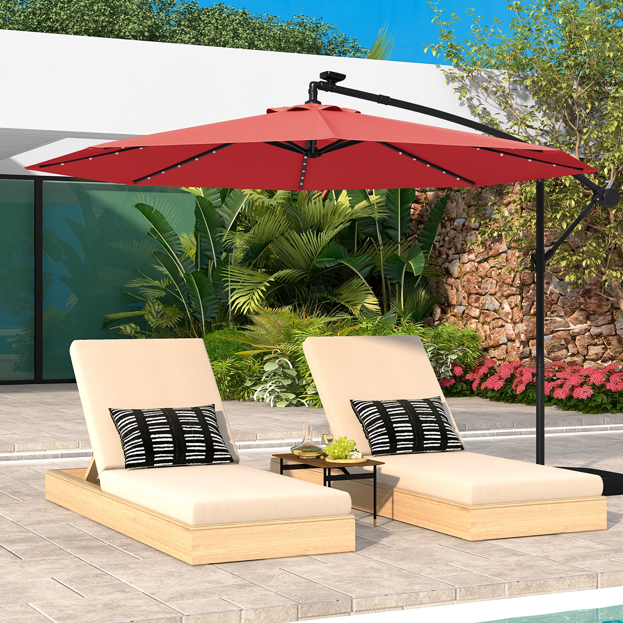 Gymax 10ft Solar Patio Umbrella Outdoor Offset Hanging Umbrella w/ 40 LED Lights Red
