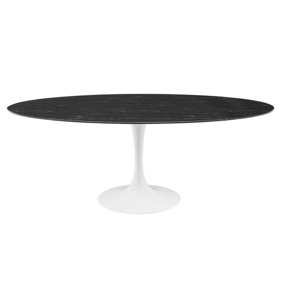 Modway Lippa 78" Oval Modern Artificial Marble/Wood Dining Table in White/Black