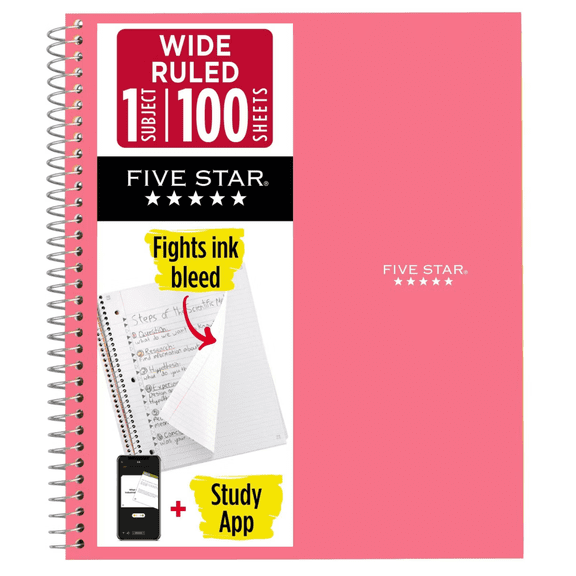 Five Star 1-Subject Spiral Notebook: 8 in. x 10-1/2 in. (Pink) 05200-PK