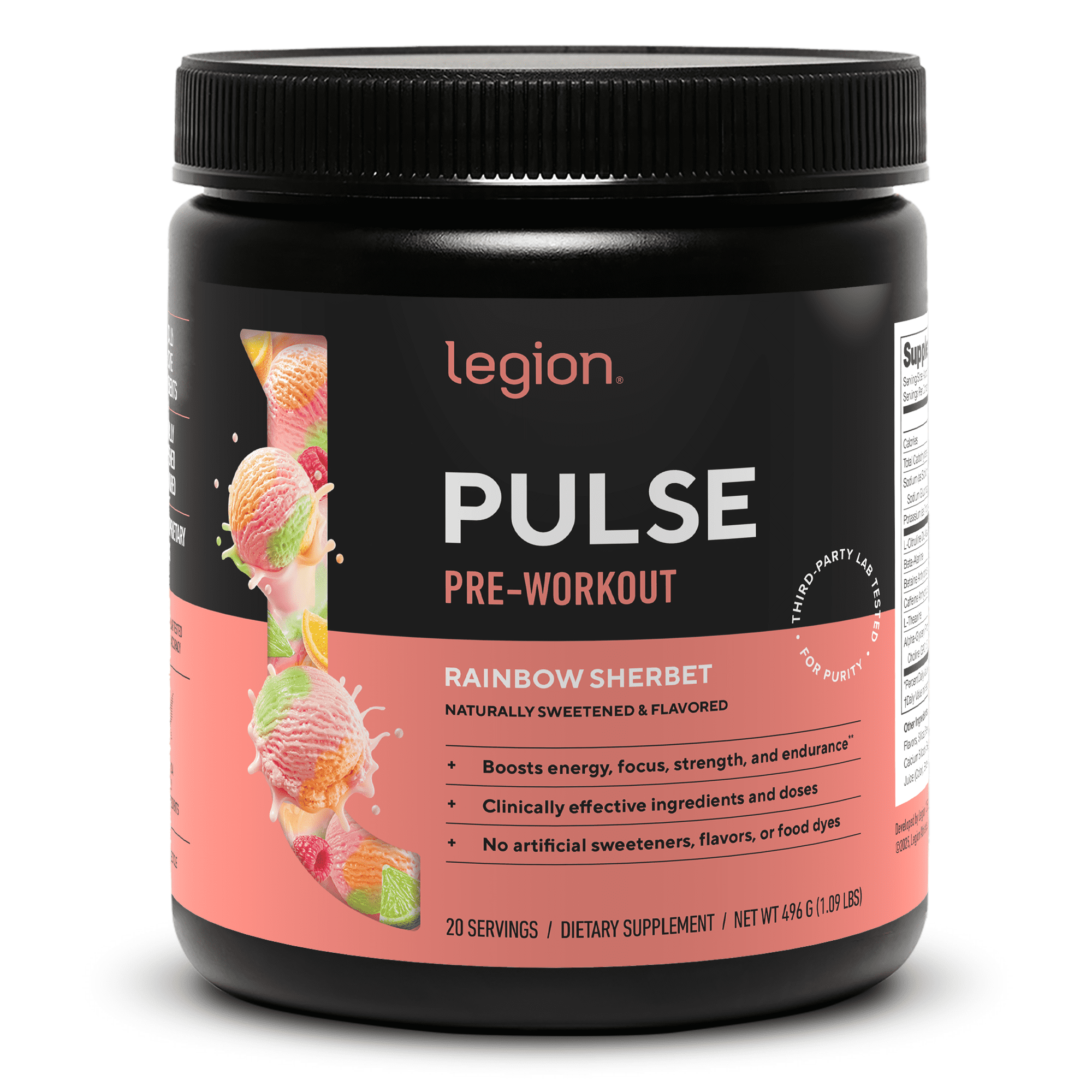 Legion Athletics Pulse Pre-Workout Supplement, Rainbow Sherbet, Naturally Sweetened With No Added Sugar, 350mg Caffeine, 20 Servings, High Performance Energy & Focus Powder