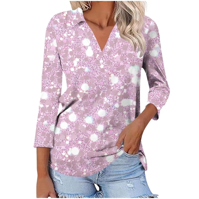 Camiseta de Solapa de Cuello en V de la Manga Superior de 3/4 de las Mujeres, Uso Diario Cómodo Casual