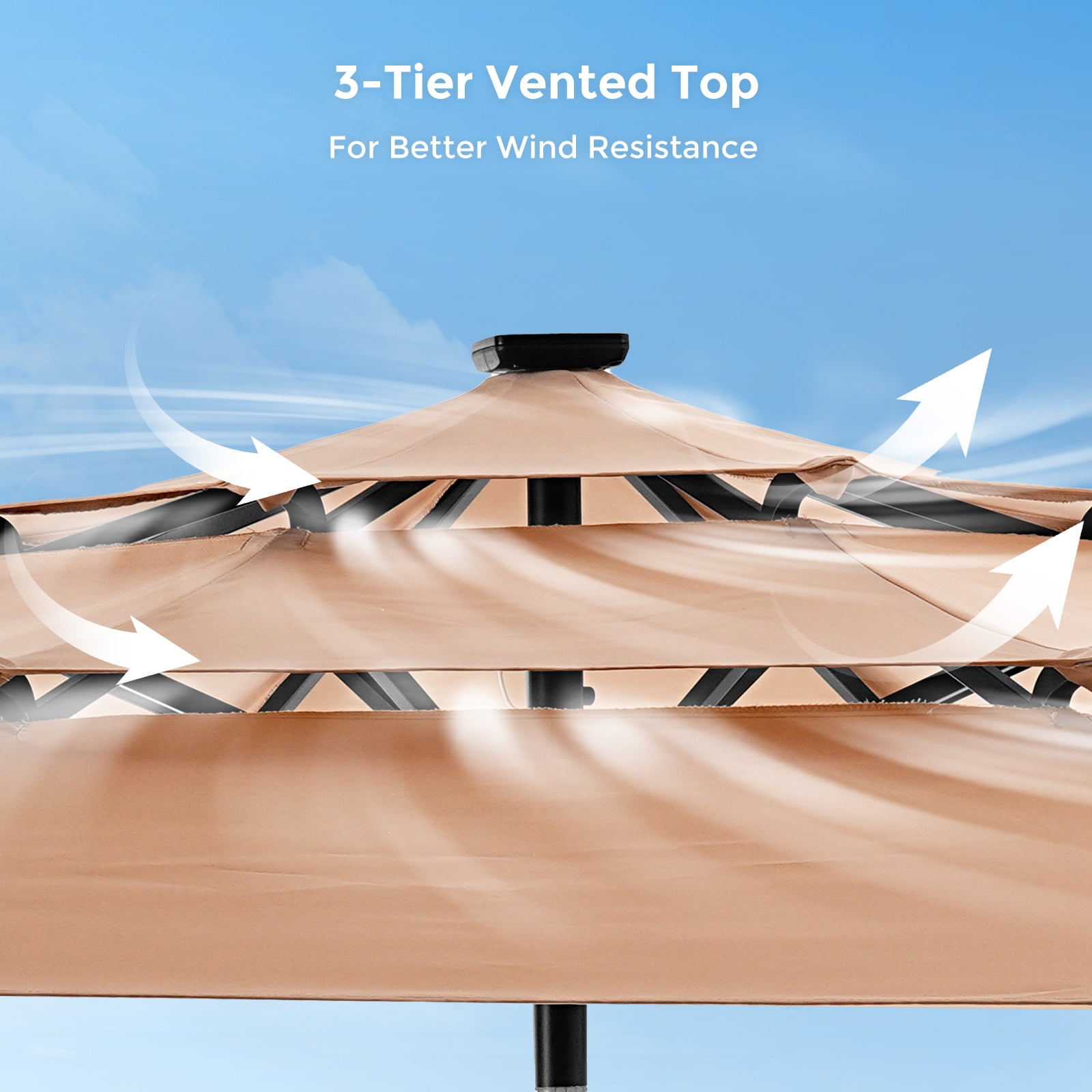 Patbrela 9ft 3-Tier Solar Patio Umbrella with LED Lights, Tilt Adjustment Outdoor Umbrella, Market Sun Shade for Beach, Backyard, Deck, Poolside, Beige