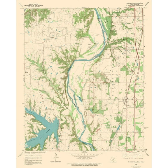 Topographical Map - Thackerville Texas Oklahoma Quad - USGS 1968 - Vintage Wall Art