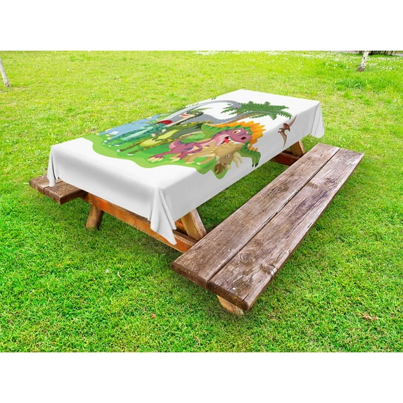Jurassic Outdoor Tablecloth, Cartoon Group Dinosaur Friendship Humor Colorful Happy Smile Creative Jurassic Fun, Decorative Washable Fabric Picnic Tablecloth, 58 X 120 Inches, Multicolor, by Ambesonne