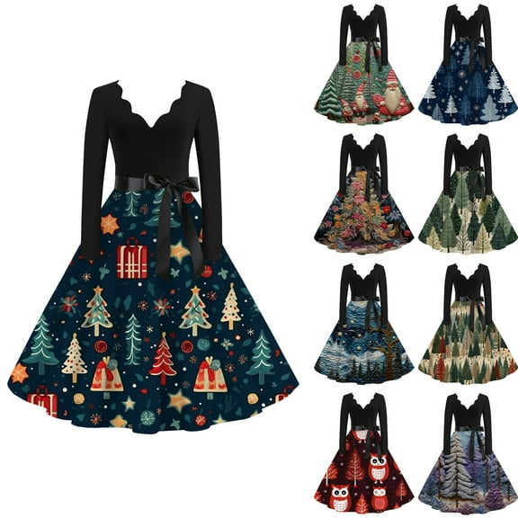 Christmas Dresses for Women Women's Casual And Fashionable Christmas Print V Neck Big Hem Dress Long Sleeved Dress with Christmas Tree Print for Holiday Party,Army Green,L