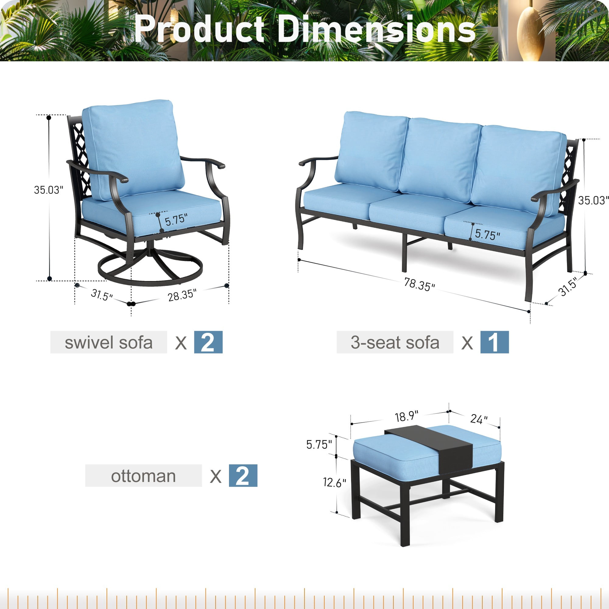 MF Studio 7-Seater Patio Conversation Set Metal Outdoor Furniture Set with Swivel Chairs and Ottomans - Blue