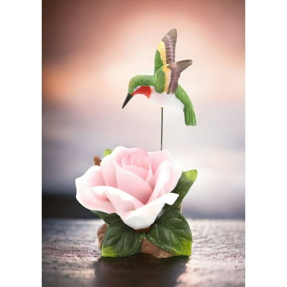 Ceramic Hummingbird Figurine with Pink Rose 6.25in Decorative Gift
