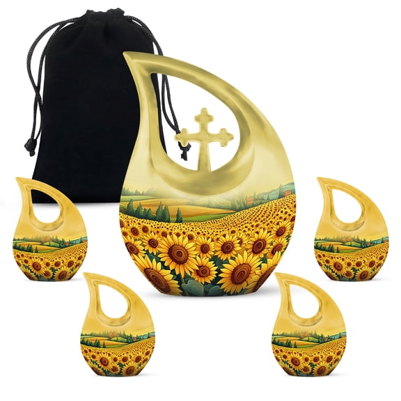 MUKTIVE Sunflower Urn, Urn for Ashes Adult Male, Funeral Tiny Urns for Female, Ashes Holder for Mom & Dad, Funeral Tiny for Mom & Dad, Mini Cremation Urns for Women (1 Large 10 ", 4 Keepsake 3 ")
