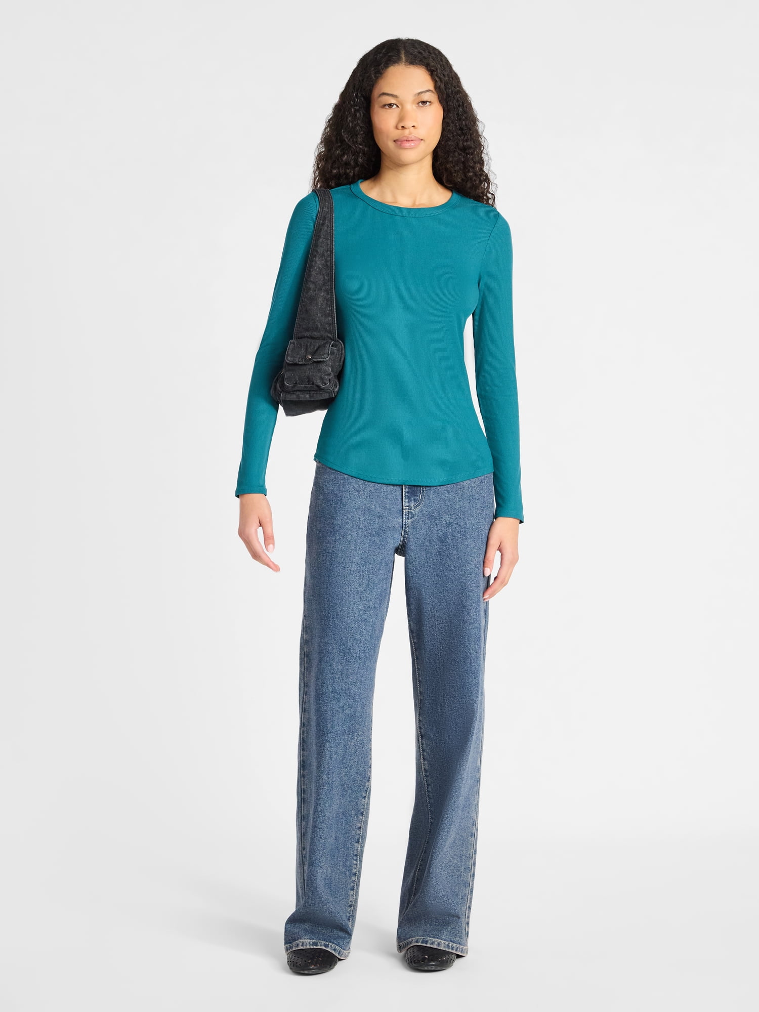 No Boundaries Ribbed Crewneck Tee with Long Sleeves, 1 or 2-Pack, Women's & Women's XXS-XXL
