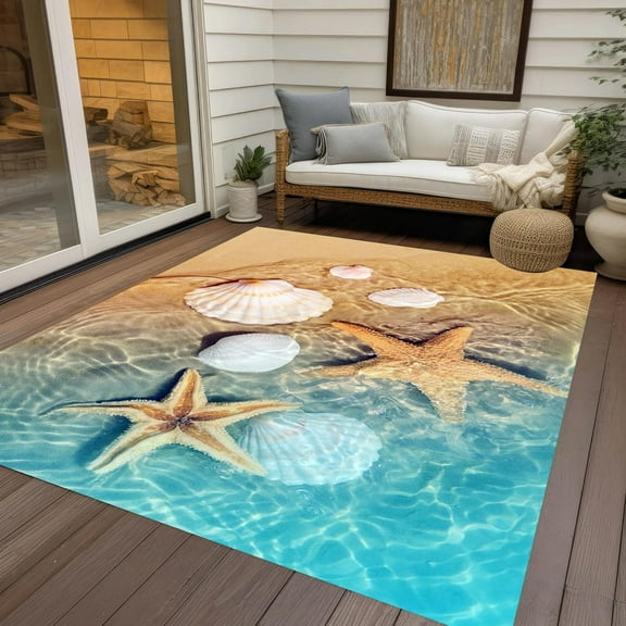 Teal Beige 3D Coastal Ocean Beach Theme Indoor Outdoor Area Rug 2x3ft No-Slip Reversible Rug for Patio Deck Backyard Balcony Living Dining Room Floor Carpet Mat