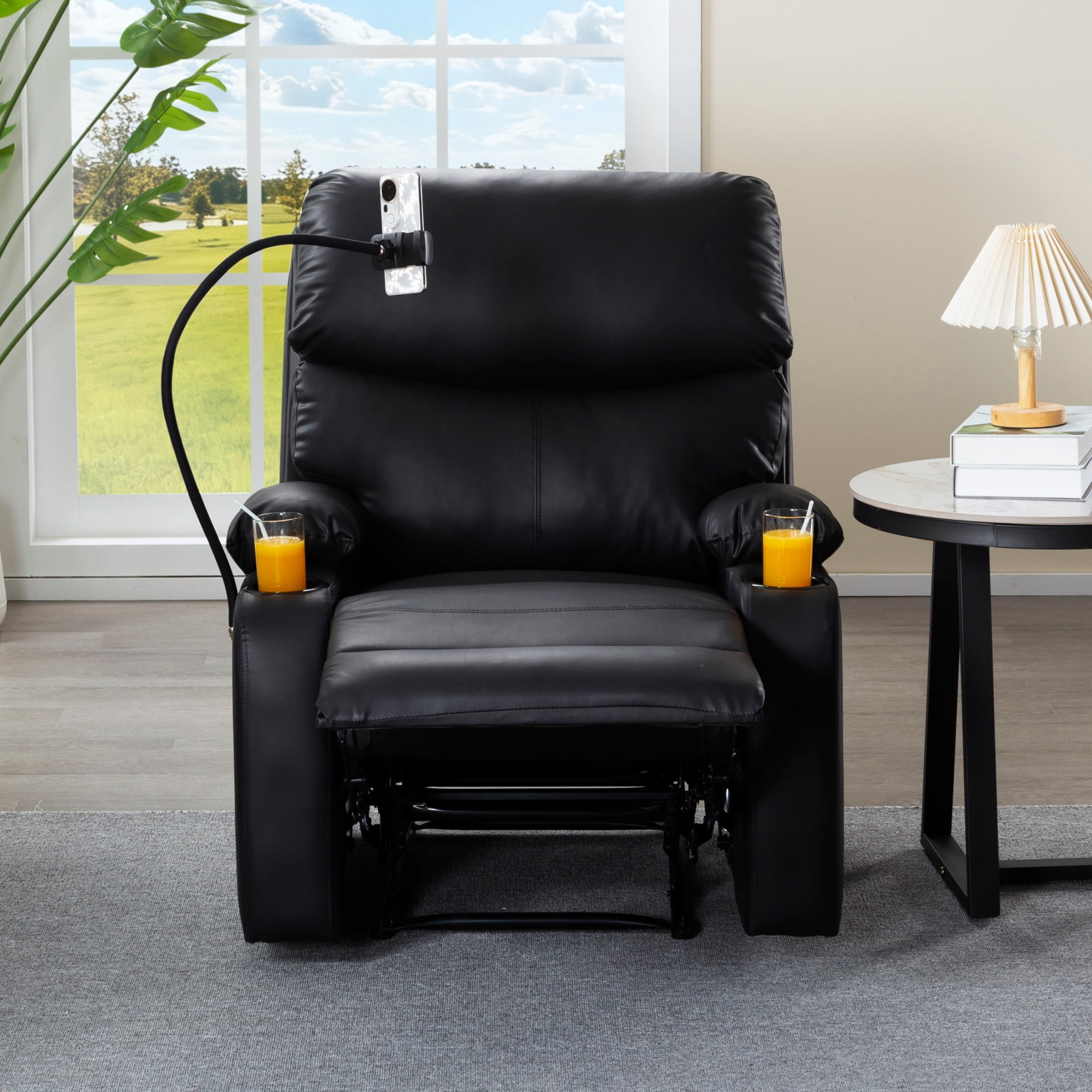 Gewnee Black PU Manual Recliner - Solid Wood & Metal Frame, Foam Cushion with Phone/Cup Holders for Home Office