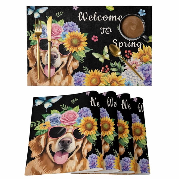 Placemats Set of 4, Spring Dog Woven Placemat, Linen Place Mats for Kitchen/Dining Tables, Black Watercolor Botanical Floral Sunflower Washable Table Mats for Party