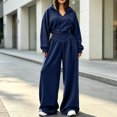 thumbnail image 7 of Szluipve 2 Piece Sets for Women 2 Piece Tracksuit V‑Neck Drawstring Hoodie Top High Waist Pleated Wide Leg Pants Set Casual Loose Matching Loungewear Outfit With Pockets Navy S, 7 of 7