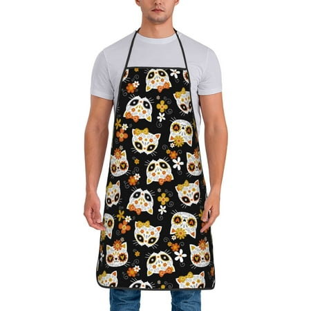 

Junzan Cat Skulls and Flowers Print Kitchen Cooking Aprons Chef Apron for Men and Women Professional for Cooking Bib Aprons for Kitchen/Crafting/BBQ/Drawing
