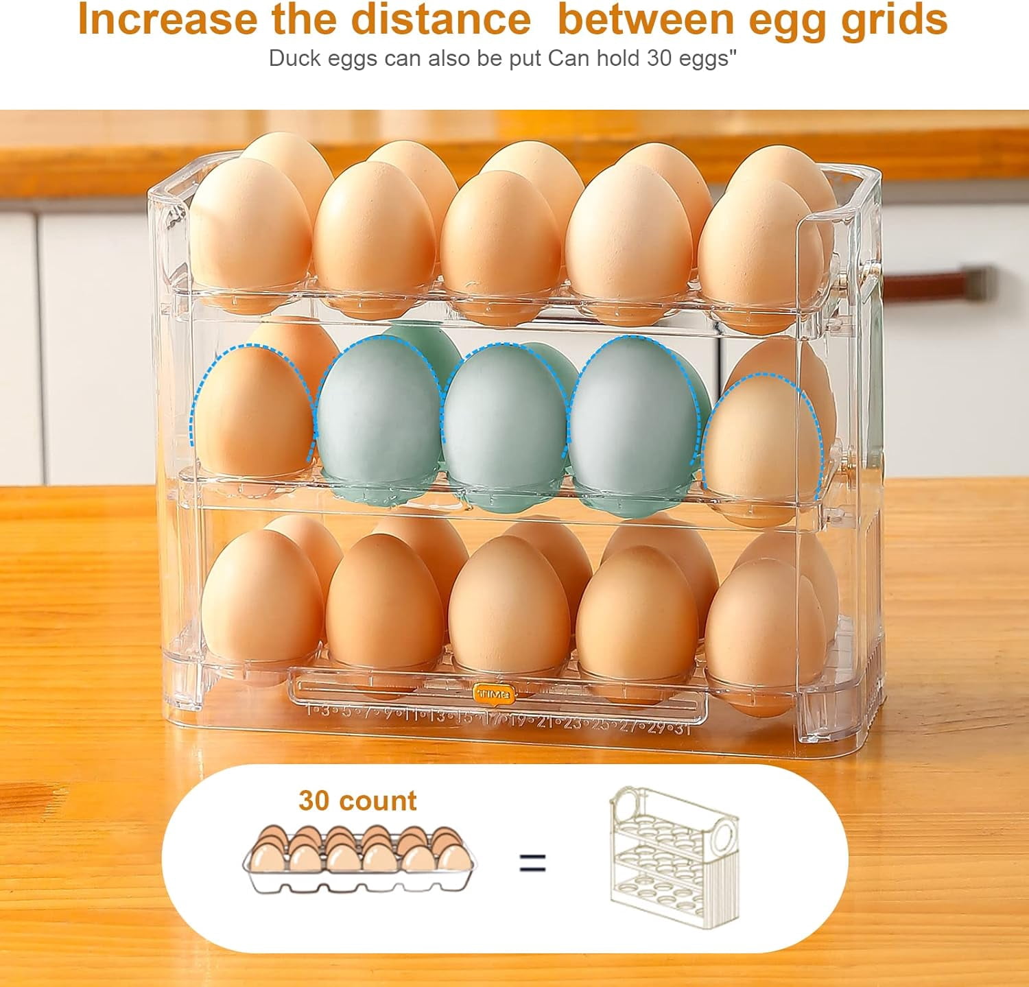 ABPETE Flippable Egg Holder For Refrigerator, Clear Acrylic Egg Storage Container For Refrigerator Side Door, Large Capacity Organizer-30 Count Capacity