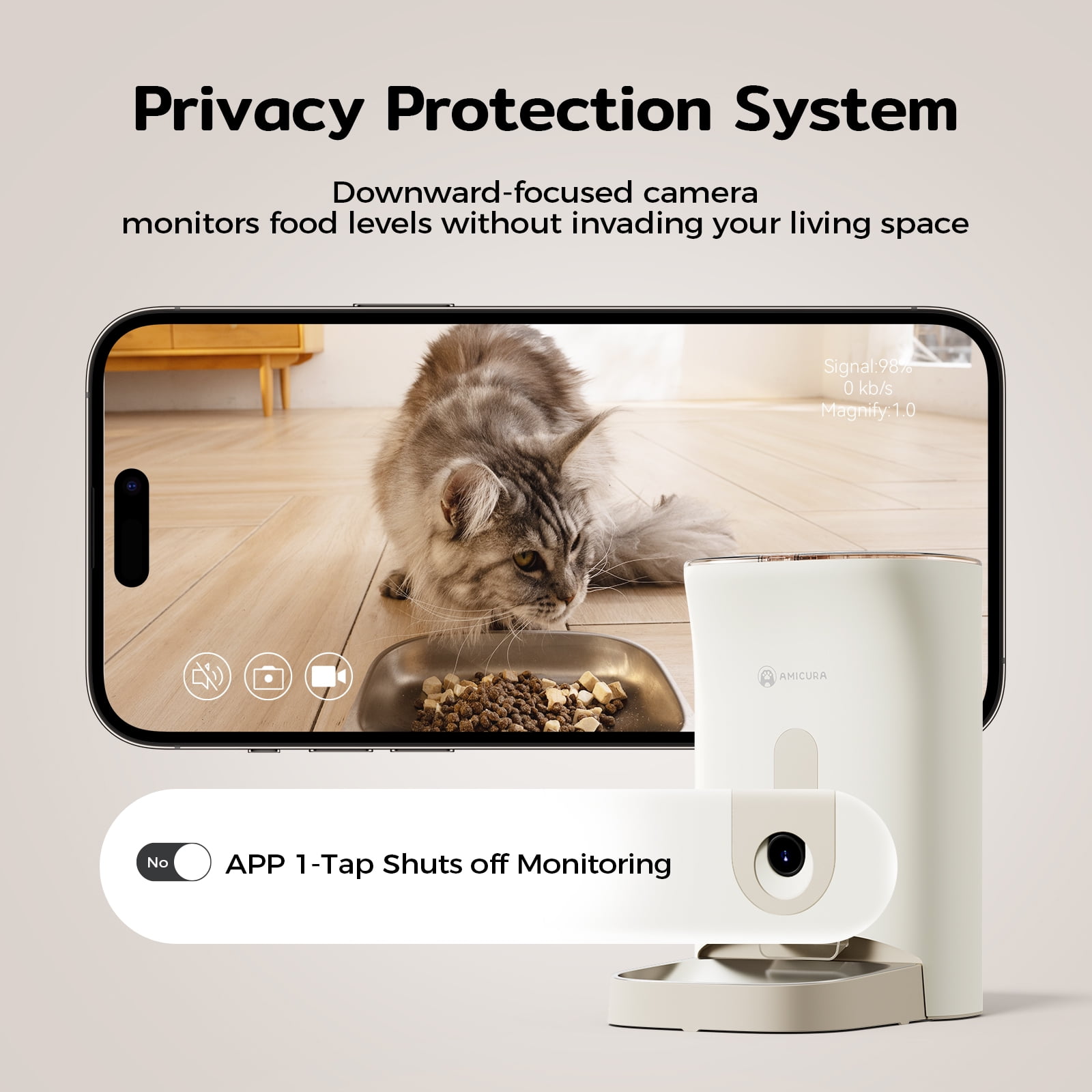 Amicura F1 Pro Automatic Cat Feeder with AI Camera 2K Video with