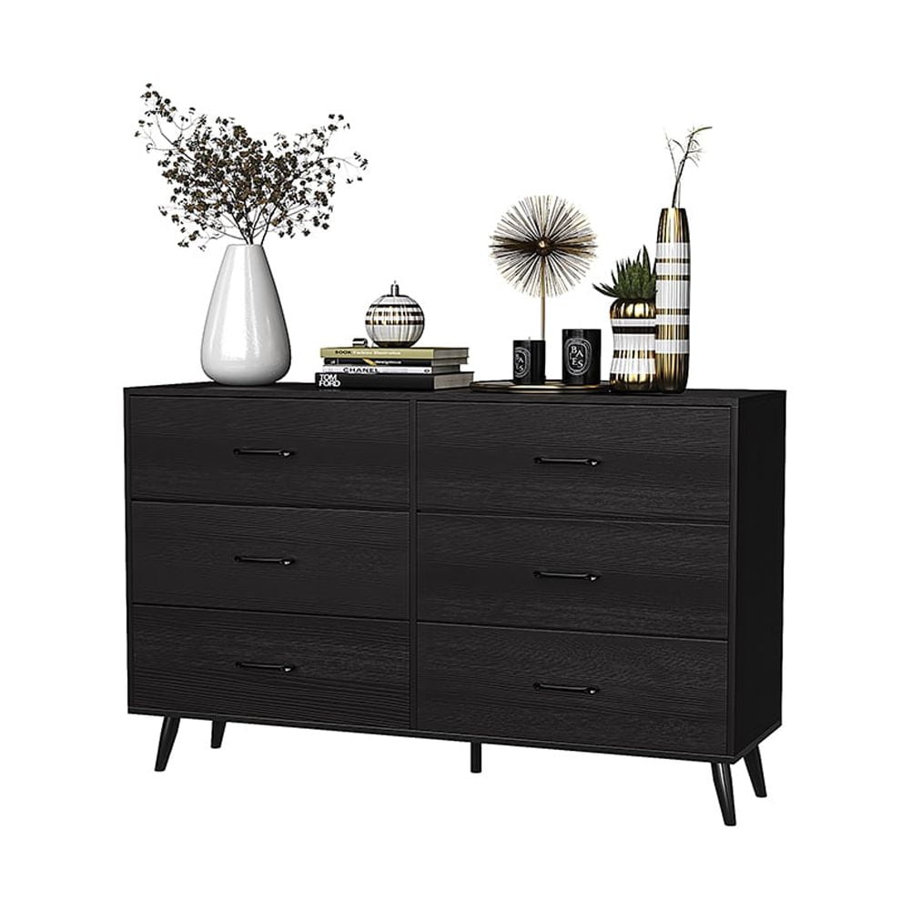 Kadyn Bedroom Wide Dresser with 6 Drawers, 3-Drawer Storage Chest of Drawers for Closet, Nursery, Bedside, Living Room, Laundry Room Entry Way, Hallway Storage Chest of Drawers, Black