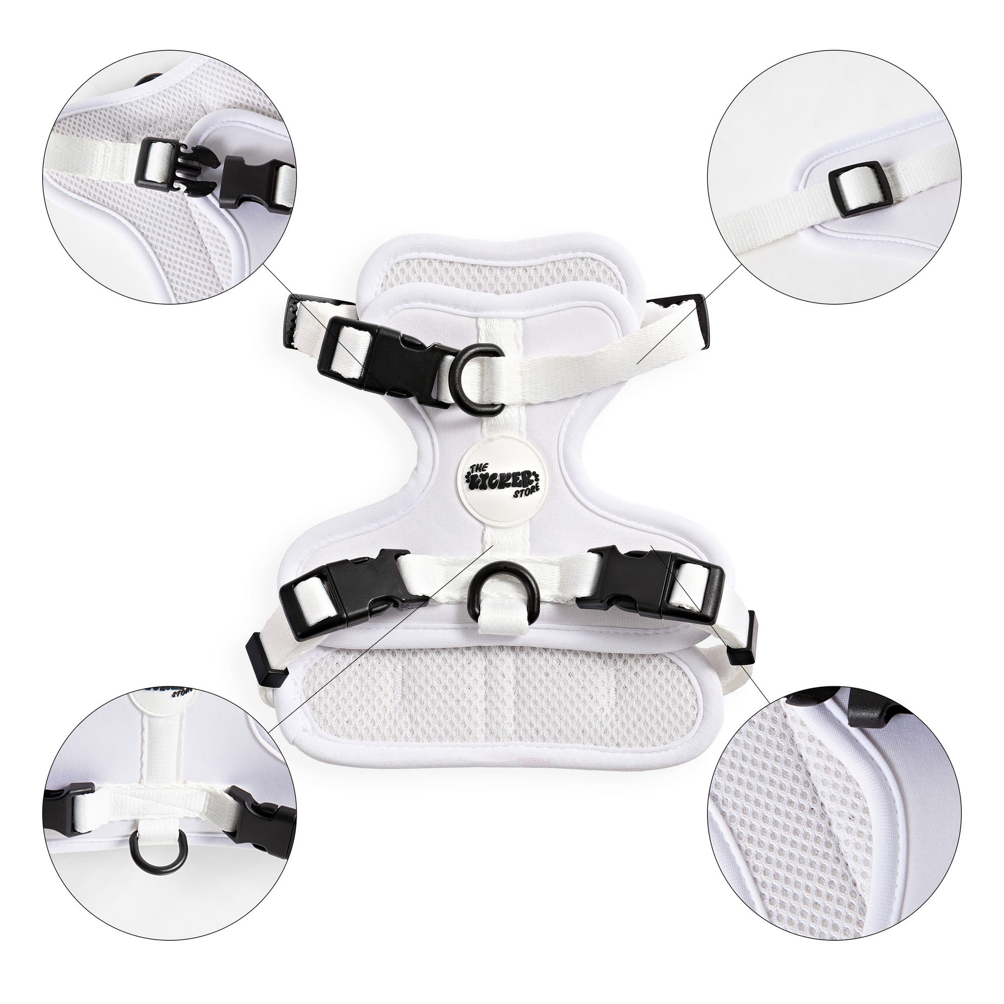 THE LICKER STORE Arlo Extra Small Adjustable Soft Padded No Pull Pet Harness with 3 Buckles and 3 Leash Clips, White, HNS1000F
