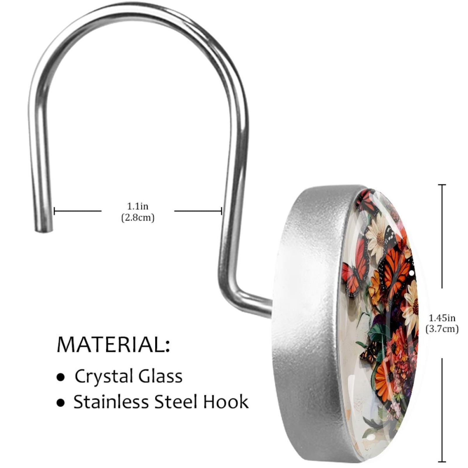 Butterfly Daisy Flowers Shower Curtain Hooks Round Crystal Glass, Set of 12 Shower Curtain Rings - Shower Hooks for Curtain Shower Rings