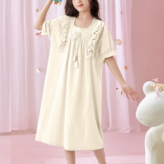Bxsruta Girls' Short Sleeve Ruffle Home Dress, Comfortable Round Neck Design for Relaxed Wear, Daily Leisure, and Photography, Soft Fabric