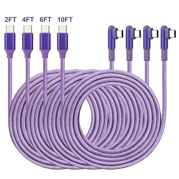 4Pack [2/4/6/10FT] USB-C to USB-C Right Angle PD Charge Cable, 60W Type C Charger Cord Compatible for iPhone 15/16 Series, Galaxy S22 S21 S20 Note 20/10, Pixel 7 6 Pro 5 4 3 2 & USB-C Laptop Tablet