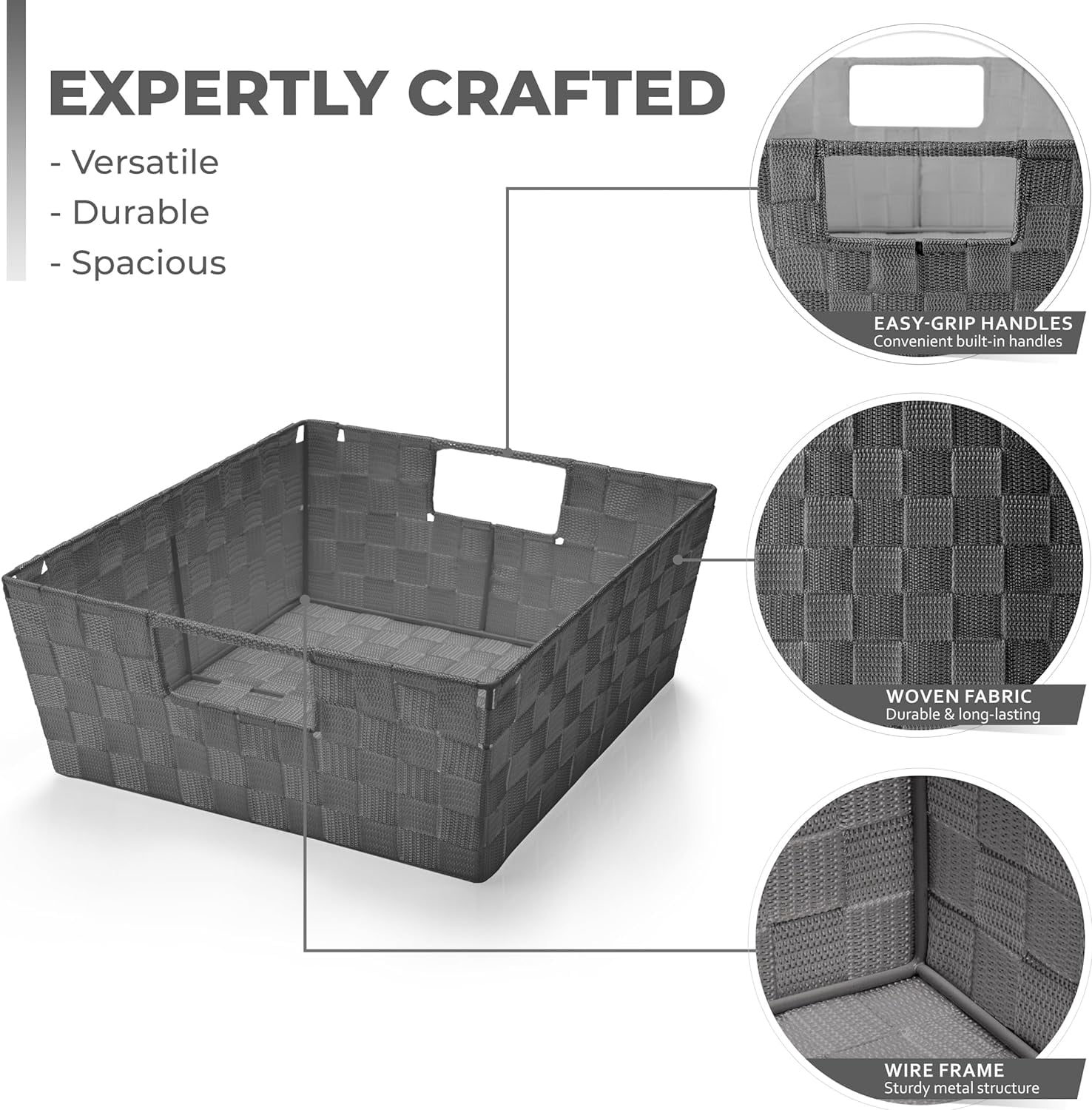 Sorbus Woven Basket Bin Set - Shelf Storage Tote Baskets for Household Items - Stackable with Woven Straps & Built-in Carry Handles (Gray)