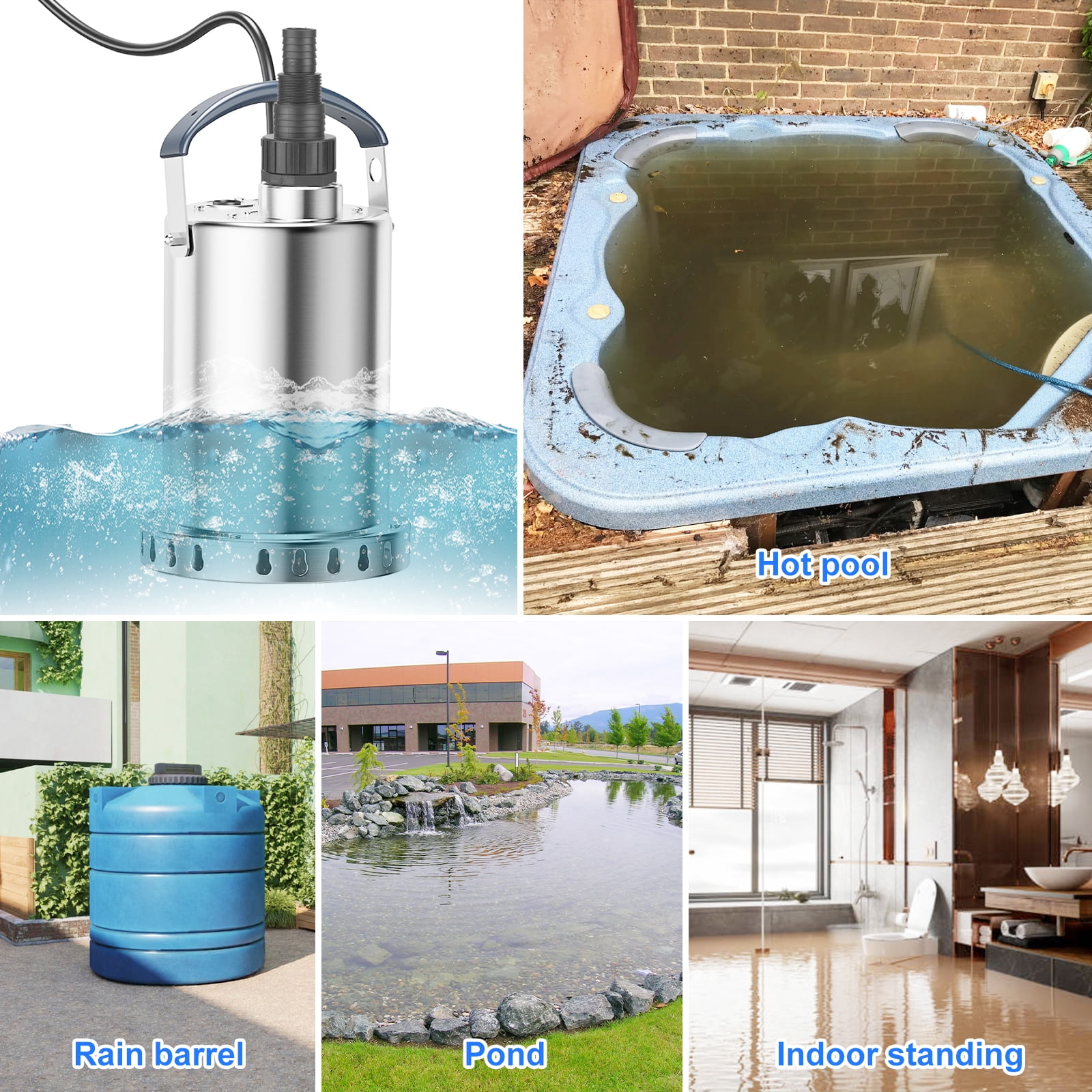 Sump Pump Submersible Water Pump 1.2HP 4500GPH Stainless Steel Portable Water Transfer Pump Electric for Pool Draining Hot Tub Basement Utility Pumps