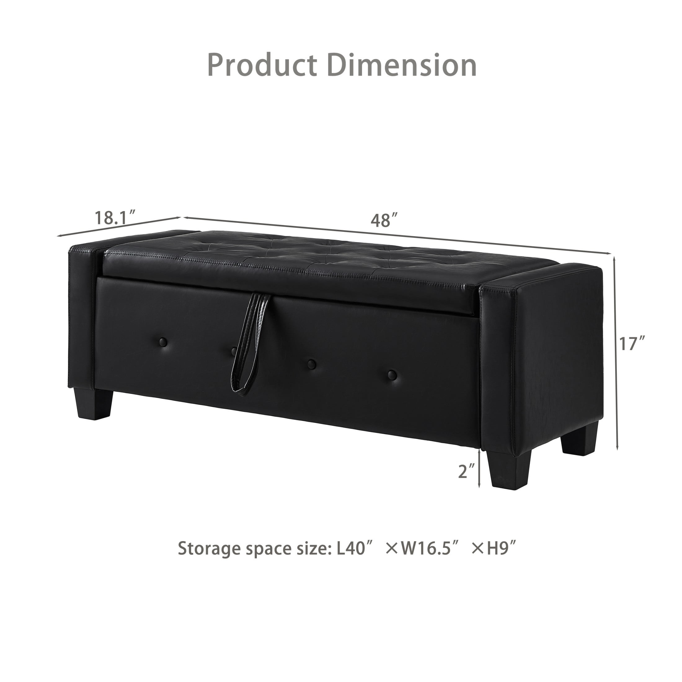 Aukfa 48" Storage Ottoman Bench with Safety Hinges, Upholstered Tufted Faux Leather Bench for Bedroom, Living Room & Entryway, Black