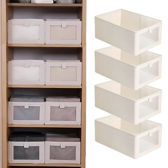 LAMIRO Linen Closet Organizer and Storage,4 Pack Foldable Closet Storage Bins with Clear Window for Organizing Clothing,Jeans,Shelves