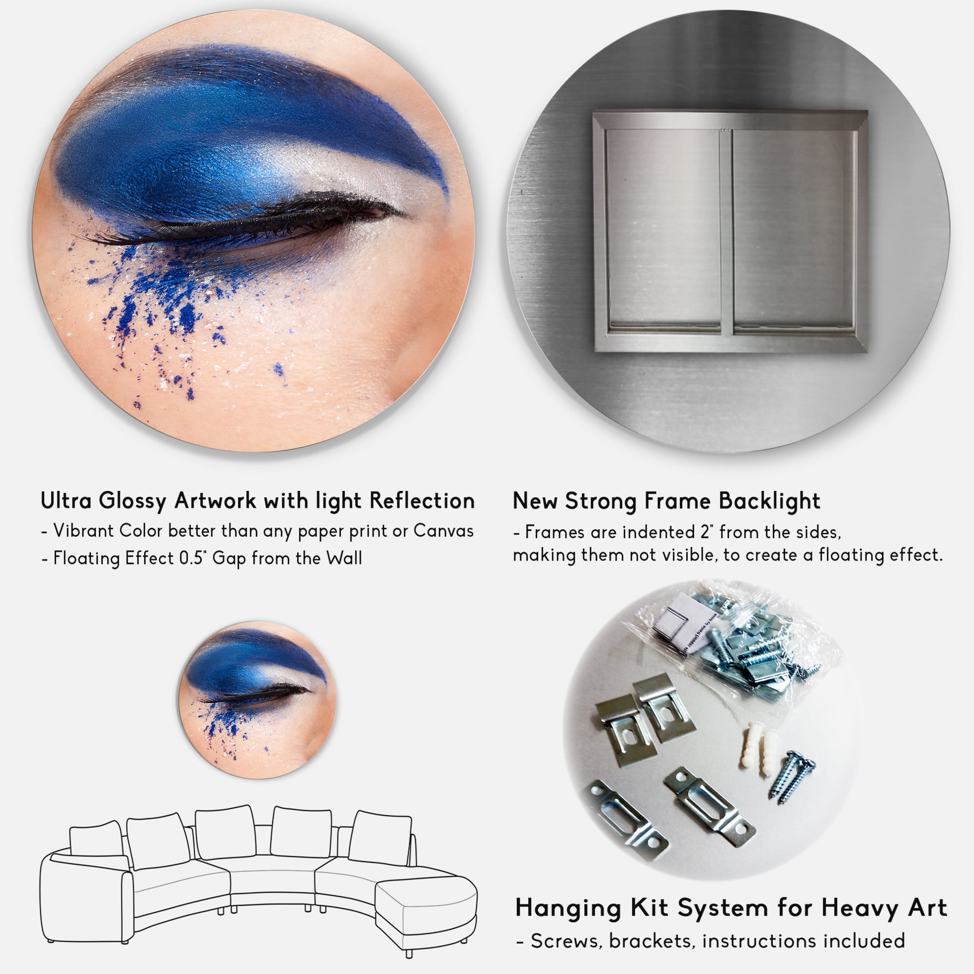 Designart 'Closed Woman Eye With Blue Fantasy Make Up' Modern Circle Metal Wall Art 29x29 - Disc of 29