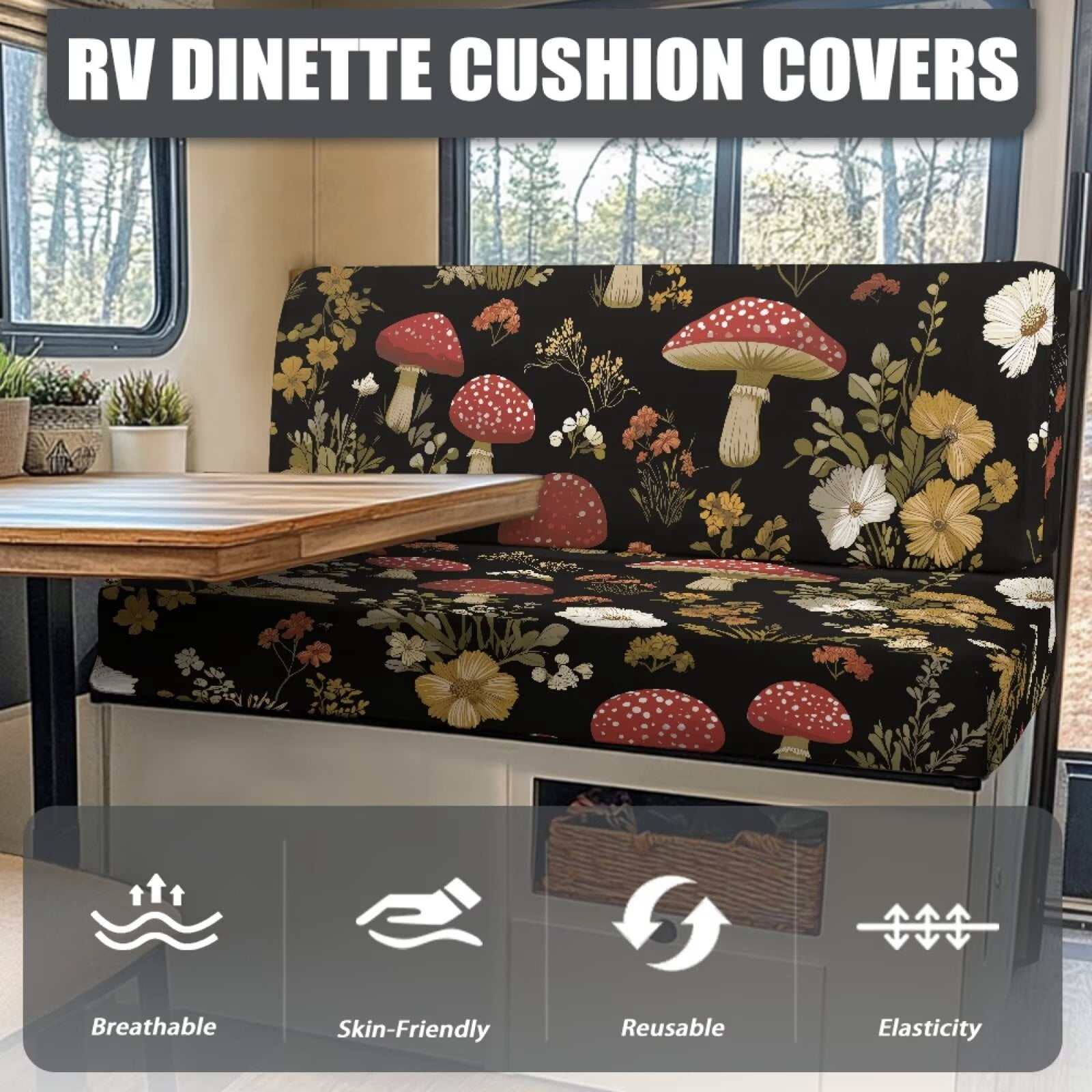 Psesaysky 4 Pcs RV Dinette Couch Covers Stretchable Aesthetic Mushroom Camper Cushion Slipcover Washable Sofa Seat Cover for Travel Trailer with Elastic Edge