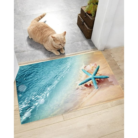 Summer Blue Ocean Coastal Starfish Bathroom Shag Mat Non-Slip Absorbent Shaggy Bath Rug Mats, Bedroom Soft Plush Floor Carpet Rugs for Indoor Entrance Way Beach Seaside Marine Life