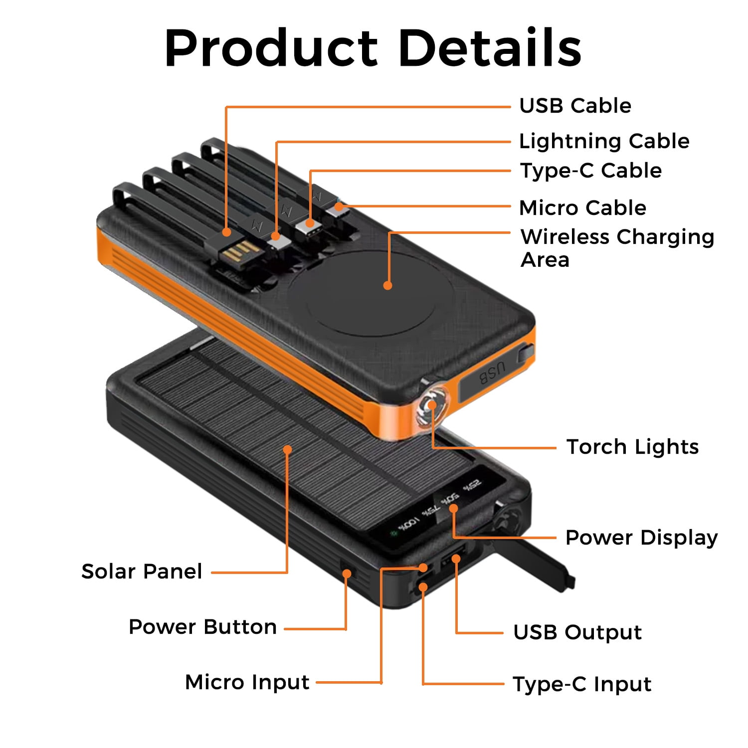 Alpha Digital ZL-809-O Solar Charging Power Bank, Black & Orange