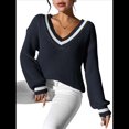 thumbnail image 3 of Suéter Holgado de Punto A Rayas de Larga para Mujer, Estilo Preppy, para Otoño e Invierno, con Cuello en V Azul Oculto S, 3 of 8