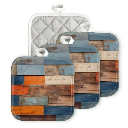 

BaHomeck Pot Holders 4pcs dacron Made Square heat-resisting mat Machine Washable for Kitchen Oven Hot Pads 6.7inch*6.7inch Wooden Wall With Different Blue And Orange Wood Planks