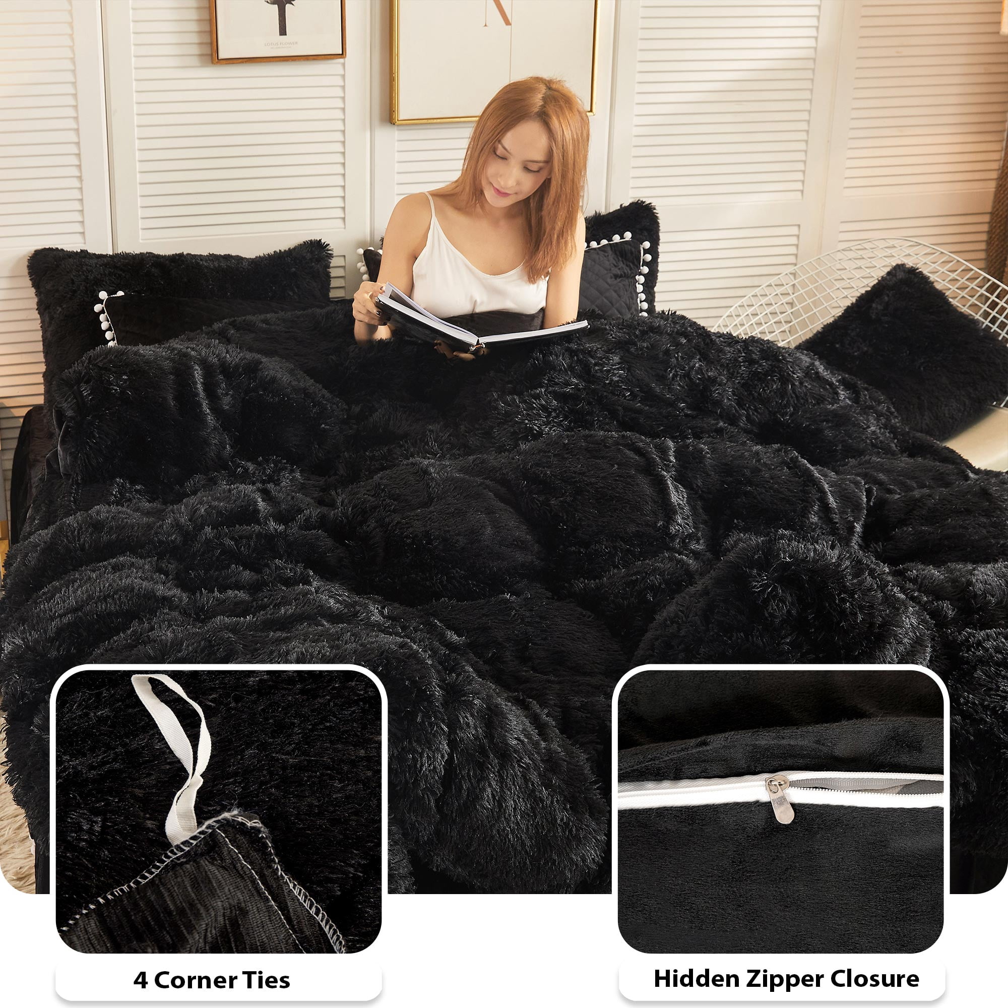 LIFEREVO Luxury Plush Shaggy Duvet Cover Set, Soft Velvet Fluffy Furry Duvet Cover Set(1 Faux Fur Fuzzy Comforter Cover + 2 Pom Poms Pillow Cases) Solid Bedding Set, Zipper Closure(Full/Queen, Black)