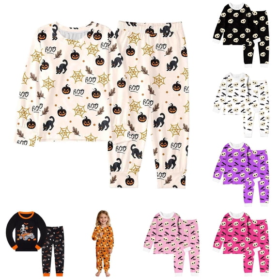 Miaoju Cotton Halloween Pajamas for Pants Front Graphic Print Long Sleeve Loungewear Clothes Set Comfy Home Pajamas Set Two-Piece Pj Sleepwear Sets