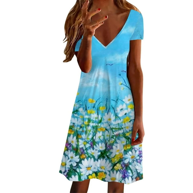 Babysbule Robes d'Été pour Femmes Liquidation Robe Décontractée Col en V Été Imprimé Floral Manches Courtes Robe de Plage Ligne A