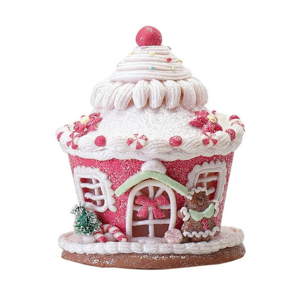 Pink Gingerbread House Decor, Light Up Gingerbread House Xmas Village Ornaments, LED Candy House for Christmas Decor