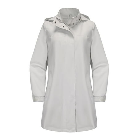 Womens Hooded Waterproof Rain Jacket Casual Long Trench Coat Classic Packable Raincoat Overcoat Windbreaker with Pockets White S